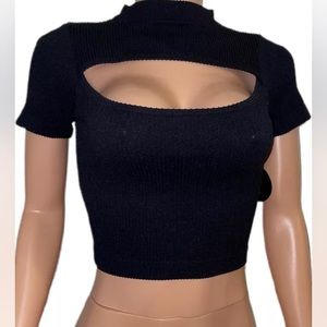 Sexy Black Seamless 0/S Mock Neck S/S Cut Out Tank Crop Top New Basic Party Goth